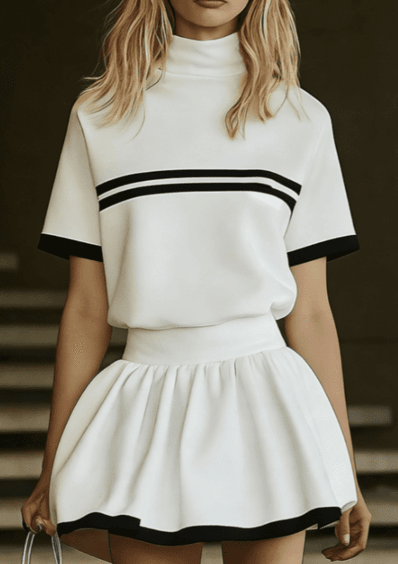 White & Black Contrast High-Neck Short-Sleeve Top & Pleated Skirt Set