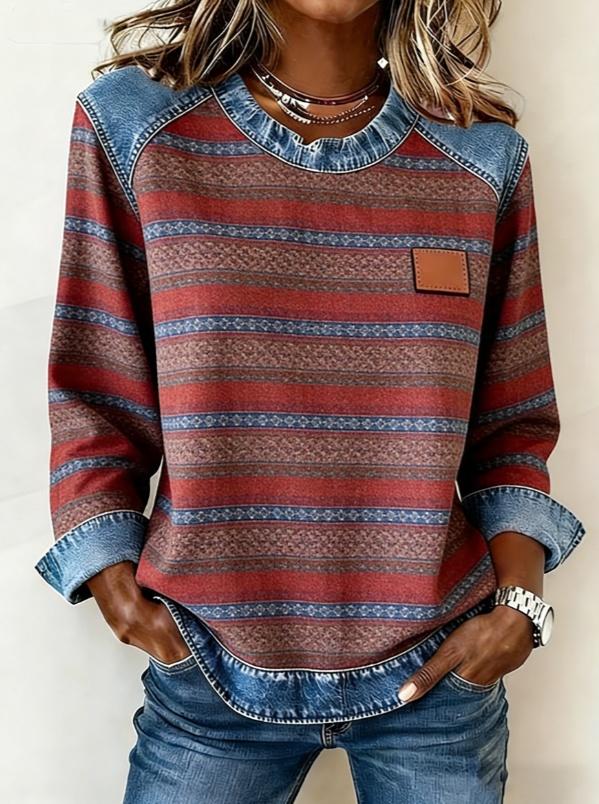 Casual Round Neck Color-blocked Printed Long-sleeved Loose Top