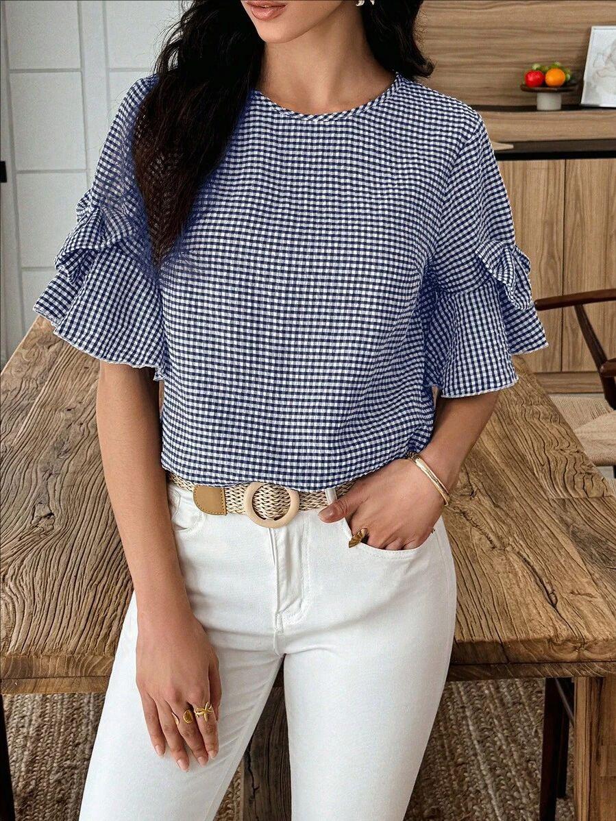 Womens Casual Top With Bow-Detail Plaid Trim Ruffled Cuffs And Puffed Sleeves