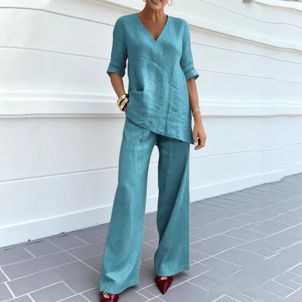 Casual Cotton-Linen Solid-Color Mid-Sleeve V-Neck Top And Straight-Cut Casual Pants Set