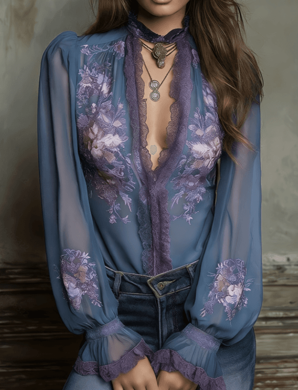 A Stand-up Collar Lace Embroidered Top