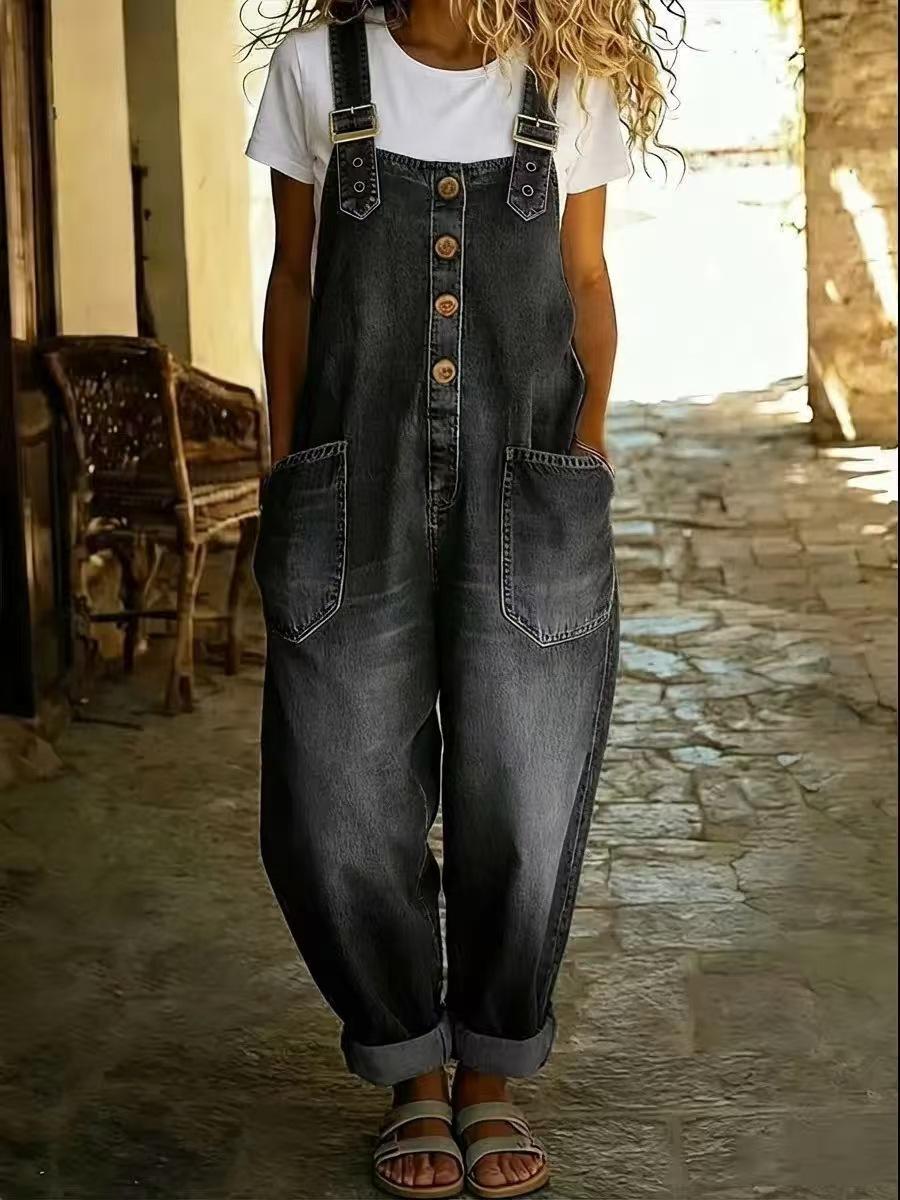 Large-size Lady's Washed Denim One-piece Drawstring Pants