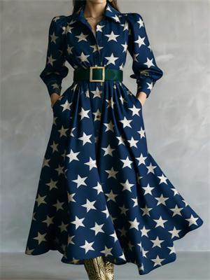 Waist-cinching Shirt Collar Casual Long Dress