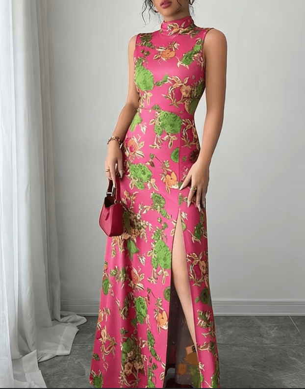 Printed Stand-up Collar Sleeveless Slim-fit Slit Maxi Dress For Women