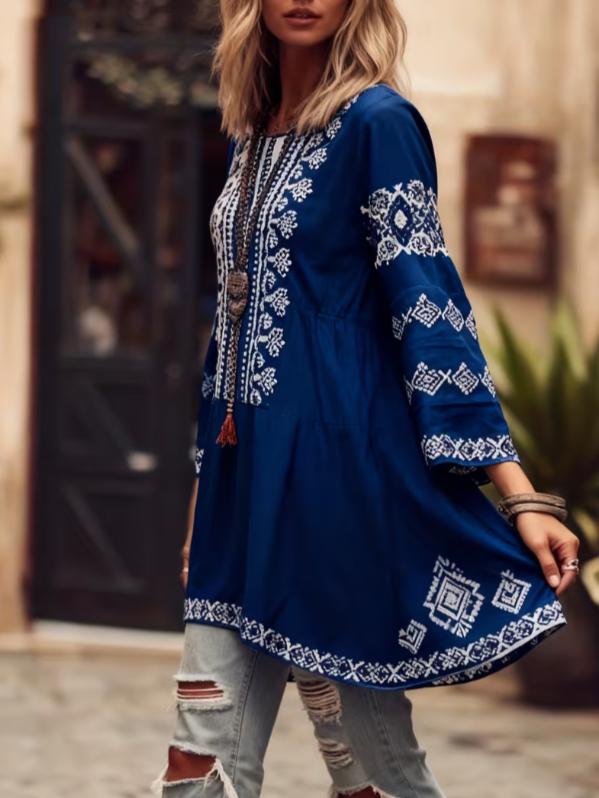 Ethnic Patterned Round Neck Bell Sleeve Casual Top
