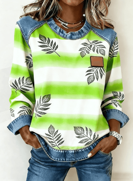 Denim Patchwork Crew Neck Casual Top