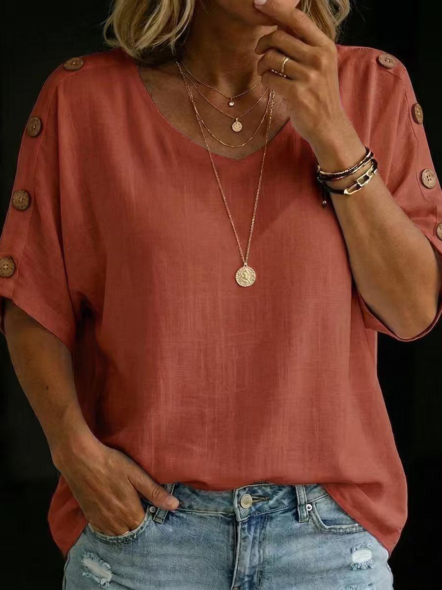 Casual Fashion Buttoned Crew-Neck Pullover Womens T-Shirt