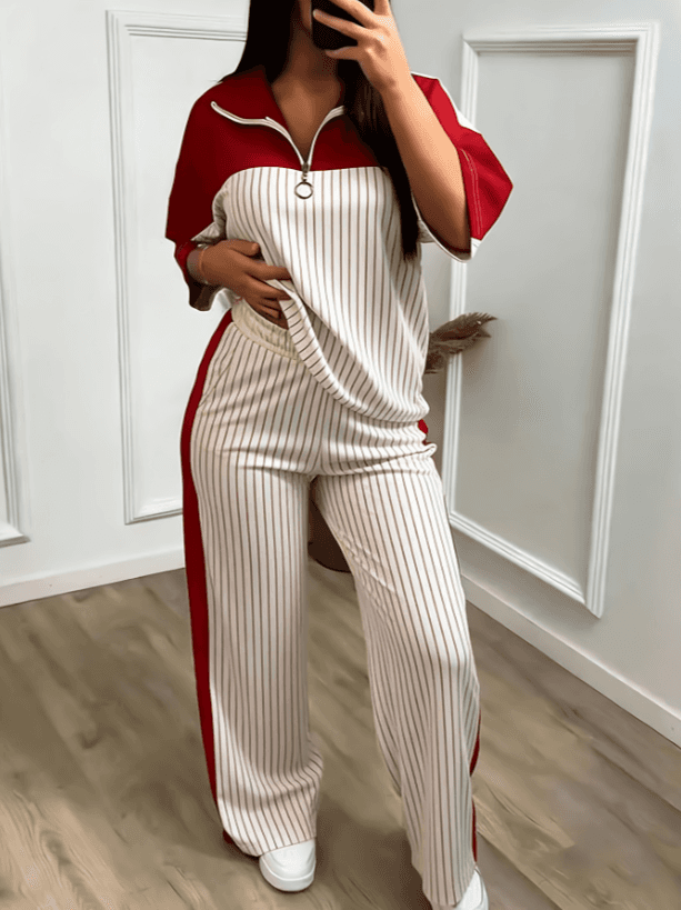 Color-block Stand-collar Short-sleeve Wide-leg Pants Two-piece Set