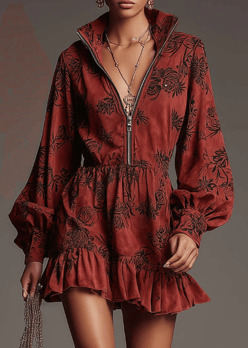 Zipper V-neck Women's Versatile Long-sleeved Waist-cinching Ruffled Hem Dress