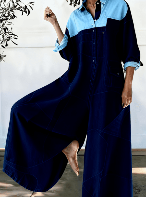 Loose-fitting Long-sleeved Casual Jumpsuit With Patchwork Design