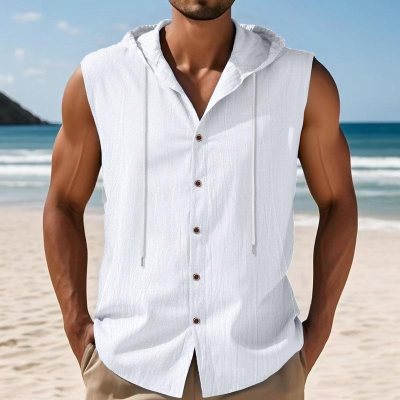 Mens Sleeveless Linen Hooded Shirt