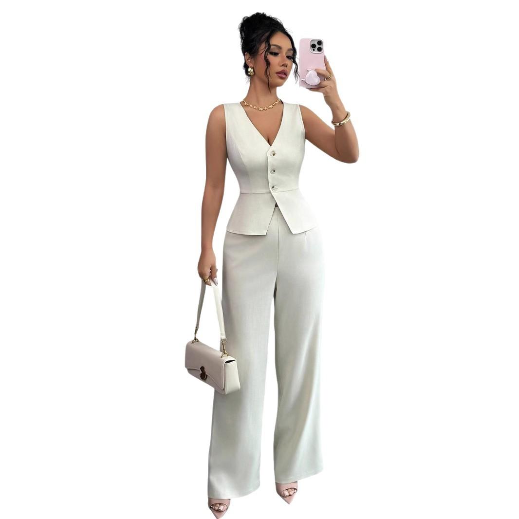 Summer Sleeveless Suit Slim V-neck Vest And High Waist Trousers Women's Two-piece Set