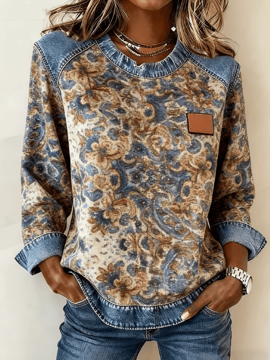 Casual Round Neck Color-blocked Printed Long-sleeved Loose Top