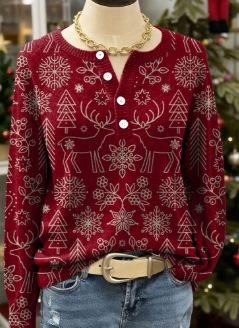 Womens Retro Printed Four-Button Stand-Up Collar Sweatshirt