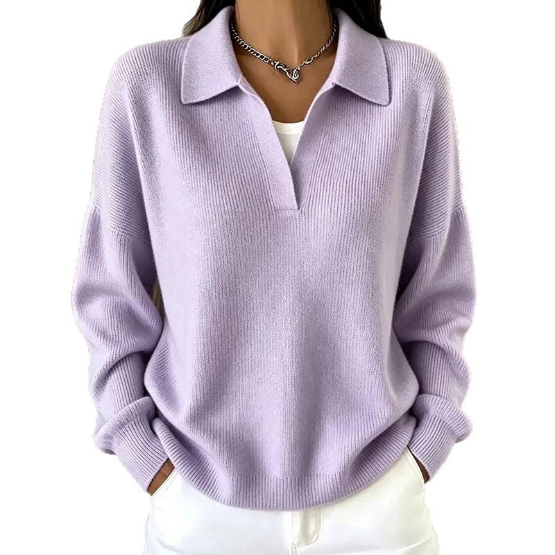 Turn-down Ribbed Knit Sweater Loose-fitting Figure-flattering Casual V-neck Pullover