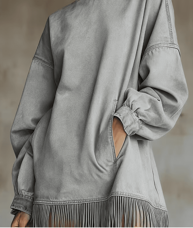 Loose Pocket Tassel Long-Sleeve Suede Dress