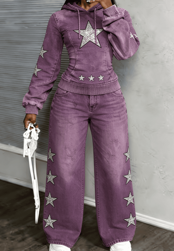 Trendy Cool Distressed Denim Hoodie And Wide-Leg Pants Two-Piece Set