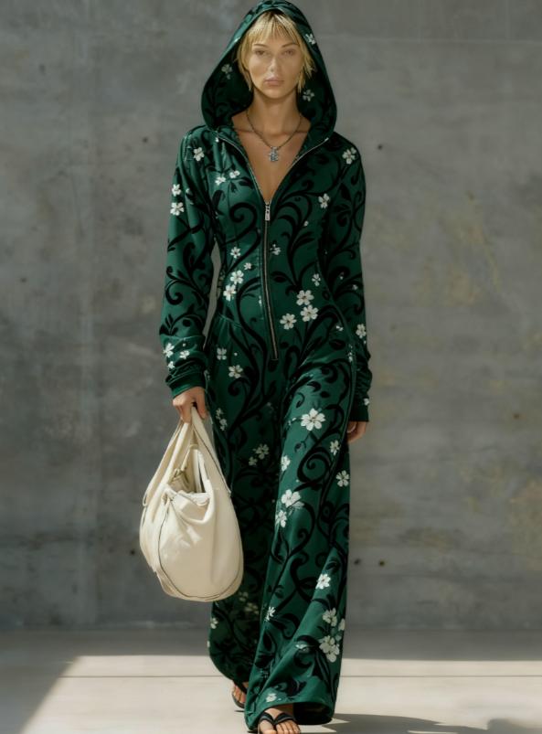 Printed Casual Hooded Zip-up Slim-fit Long Jumpsuit