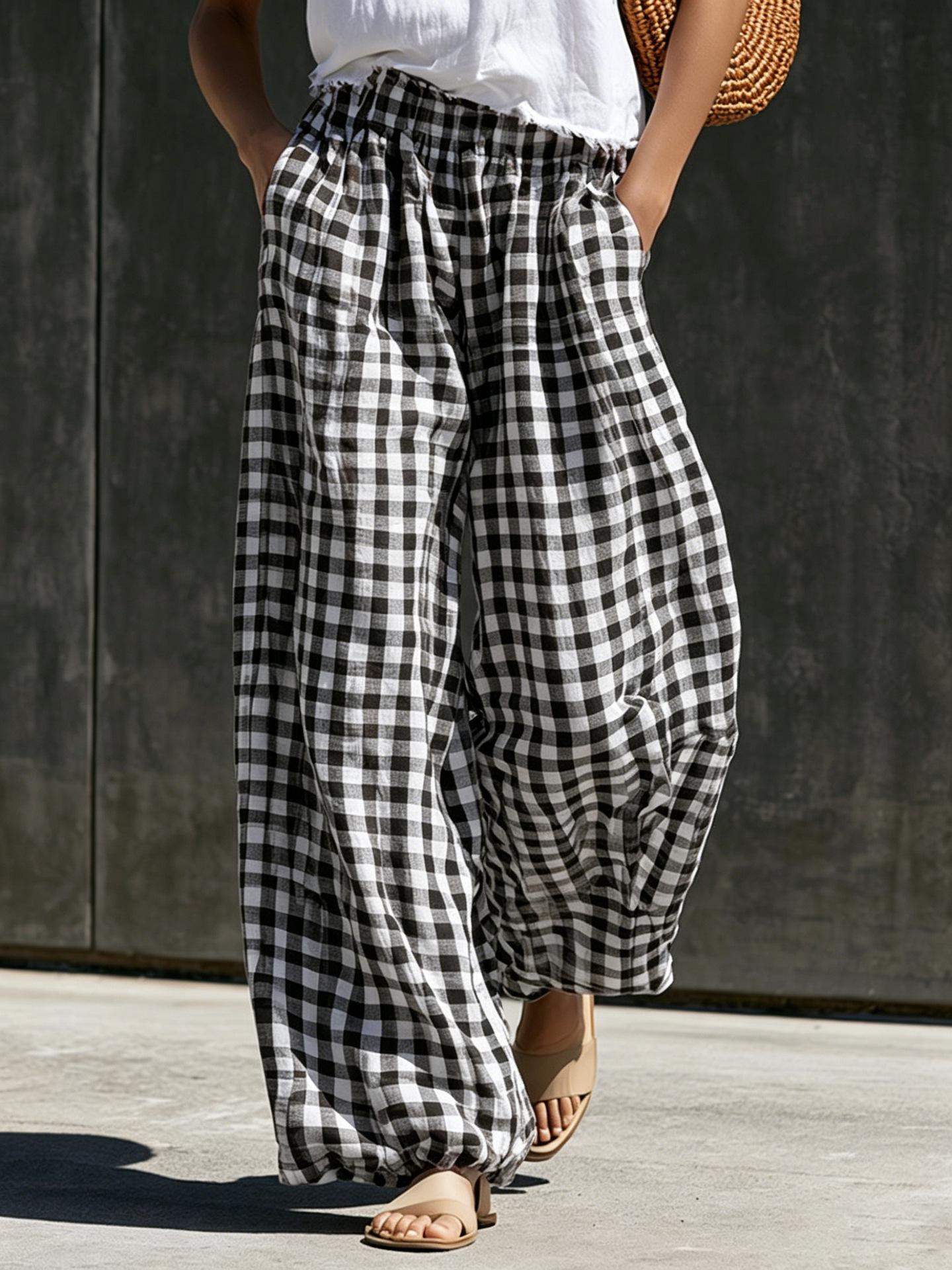 Womens Casual Retro Large-check High-waisted Loose-fit Wide-leg Trousers