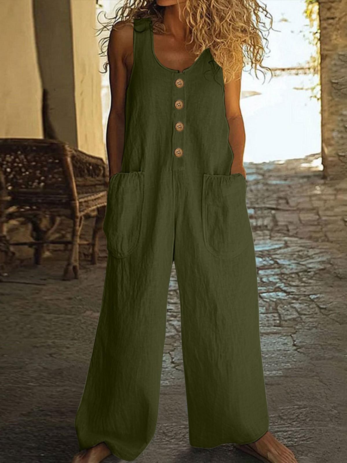 Summer New European-style Wide-leg Jumpsuit For Women, Sleeveless, Buttoned Pockets, Relaxed Fit, Casual Strap Pants.
