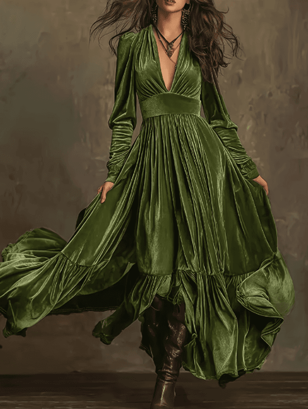 Velvet Fitted Waist Full Skirt Casual Long Sleeve Dress