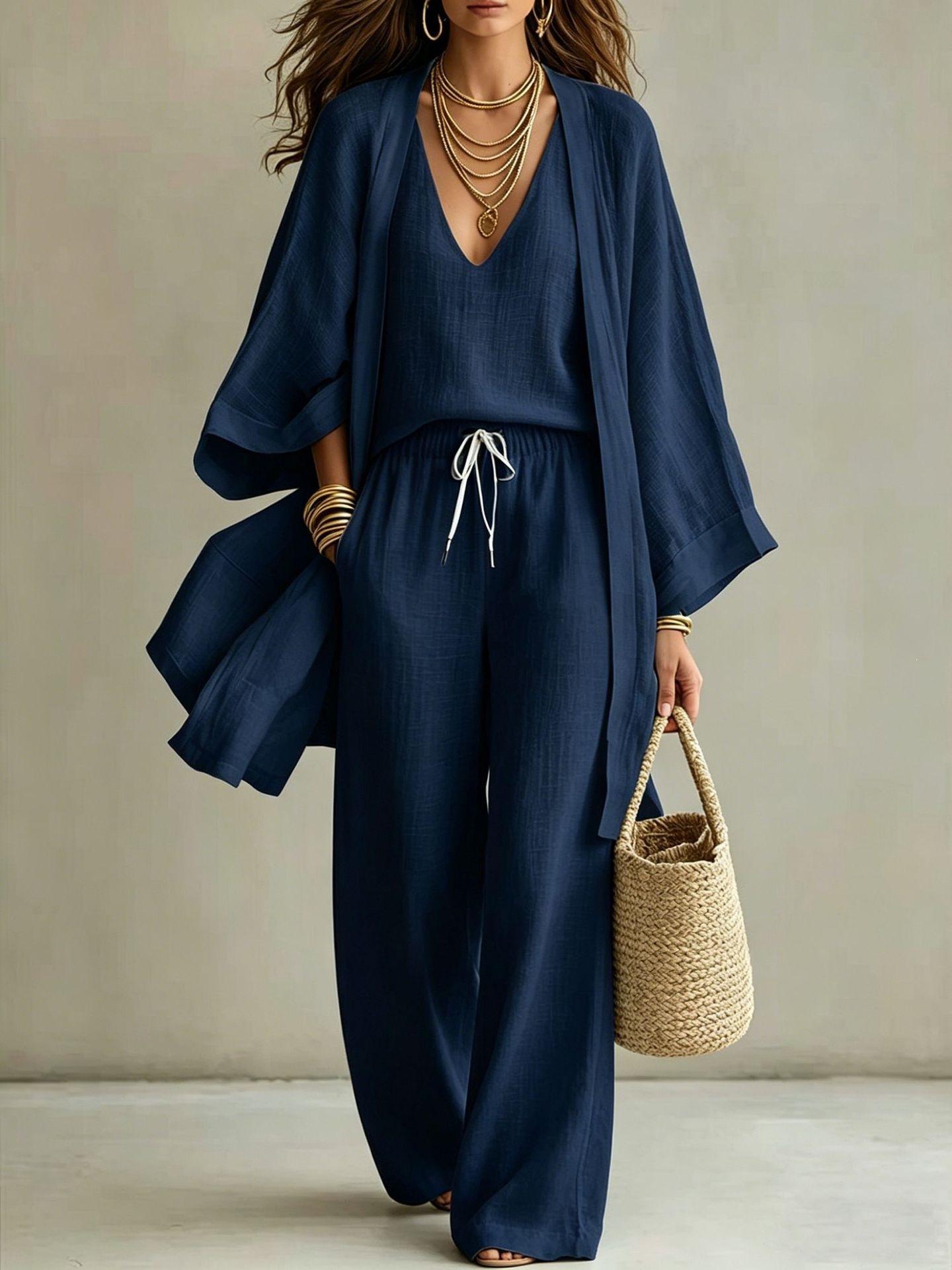 Womens Solid Color V-Neck Cardigan Vest With Pockets And Long Pants Three-Piece Set