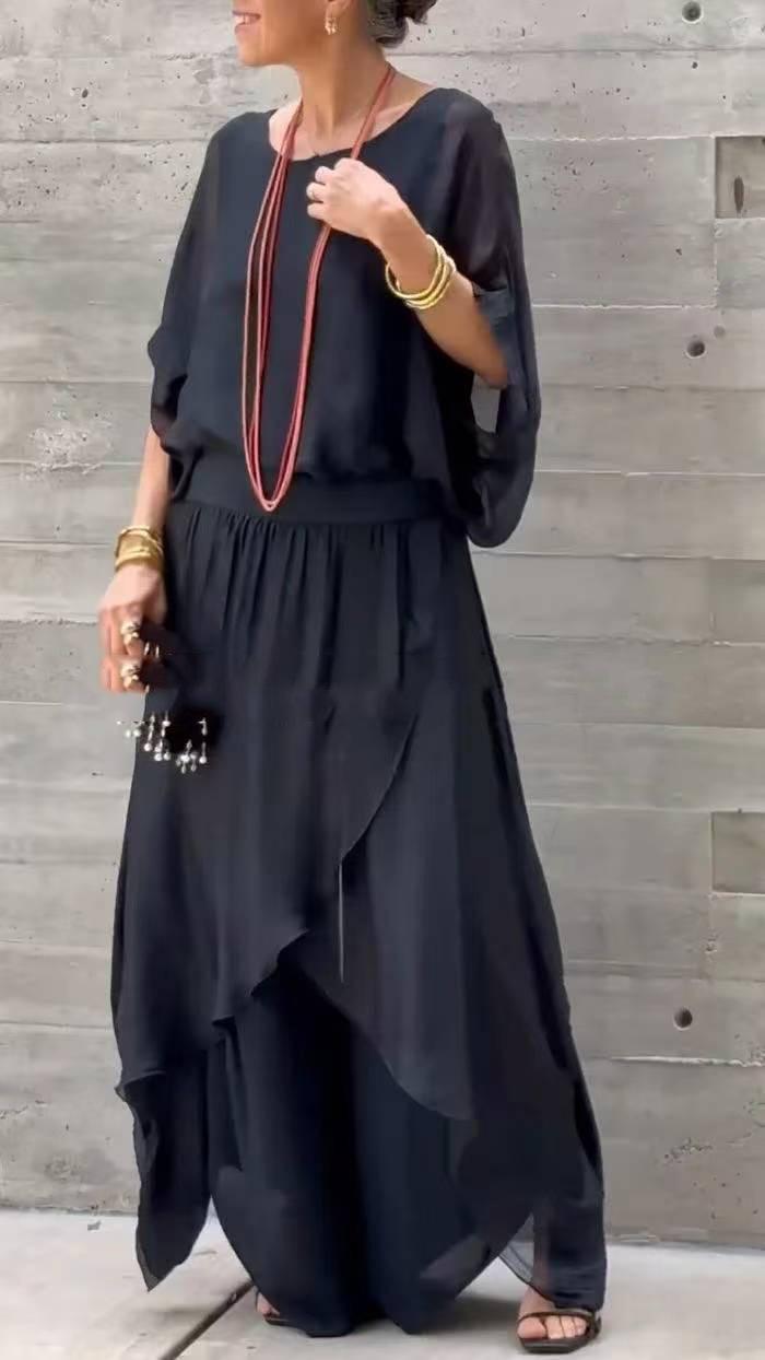 Loose Comfortable Top Split Wide Leg Pants Chiffon Casual Suit