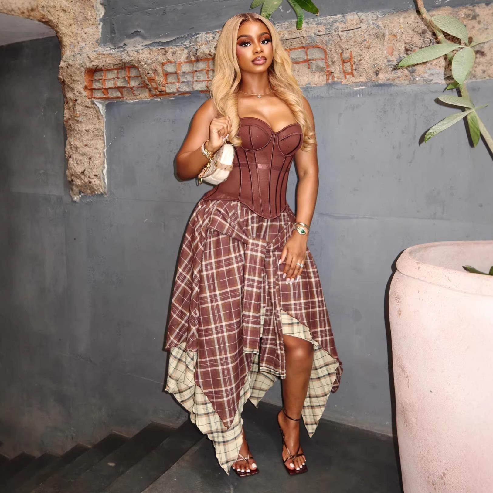 Elegant Vintage Plaid Asymmetrical High-waisted Figure-flattering Skirt