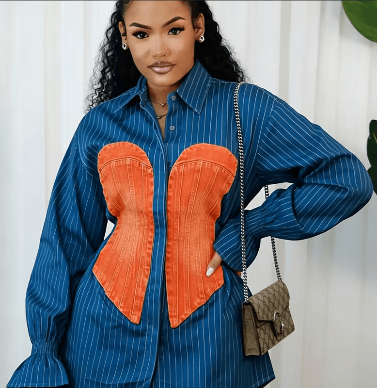 Blue & White Pinstripe Colorblock Corset Waist Long Sleeve Shirt Dress