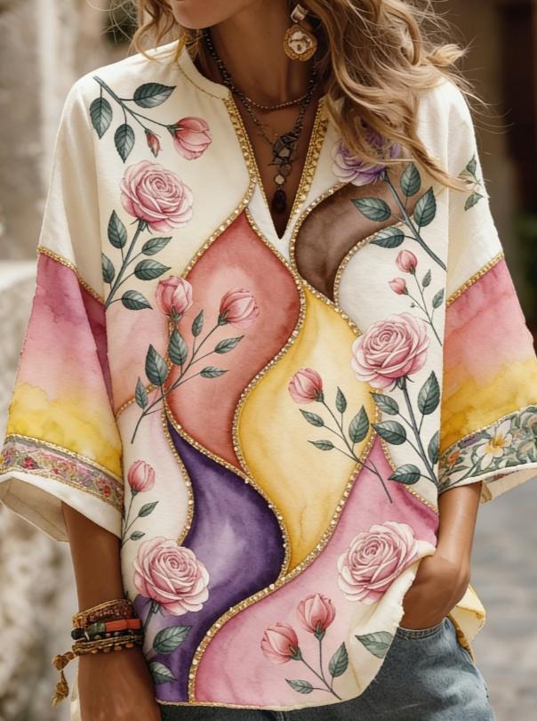 Ethnic Style V-neck Loose-fitting Chiffon Blouse With Three-quarter Sleeves, Mid-length.