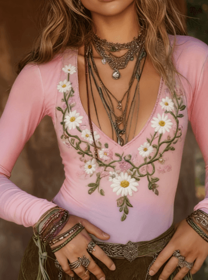 Color-blocked Floral Print Deep V-neck Slim-fit Long-sleeved Top For Women, Bohemian Style Base Layer.