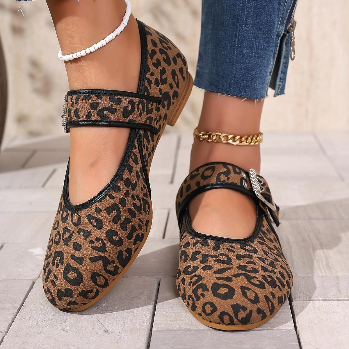 Leopard-print Belt Buckle Round-toe Sling-back Flats