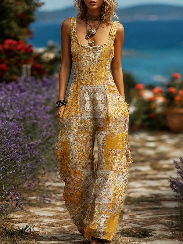 Retro-style Wide-leg Overalls Sleeveless Linen Womens Outfit