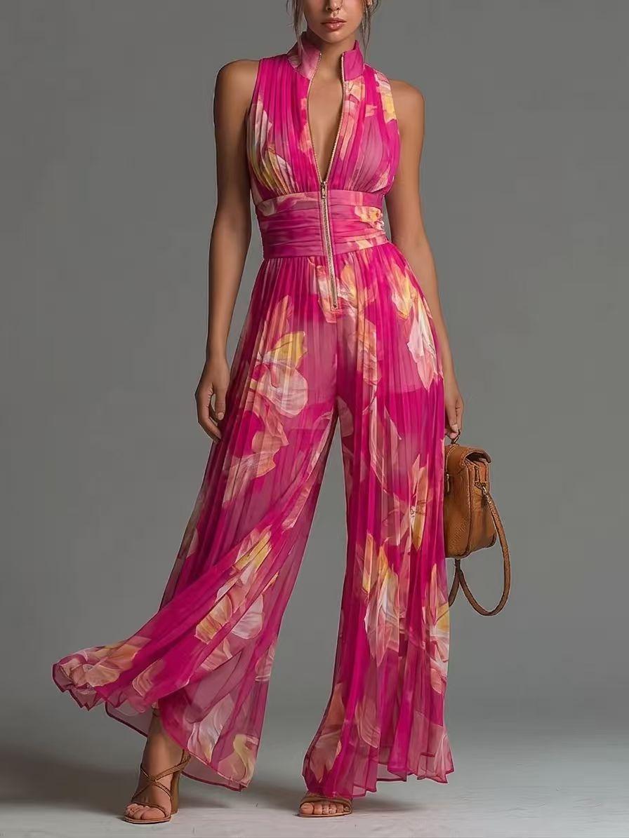 European And American-style White Pleated Halter Jumpsuit