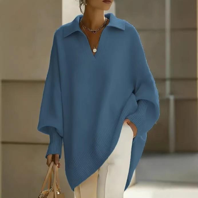 Lapel-collar Loose-fit Solid-color Sweater With Lantern Sleeves