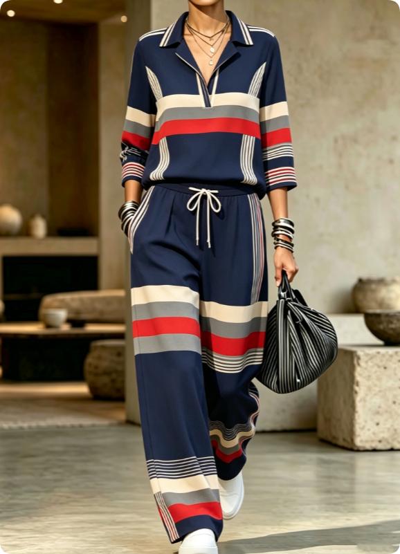 Womens Summer Lapel-Neck Cropped-Sleeve Set