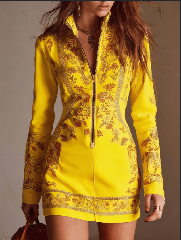 Retro Bohemian Style Yellow Zip-front Dress