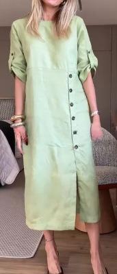 Round Neck Short Sleeve Button Split Mid-length Casual Dress