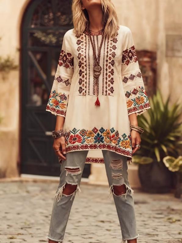 Ethnic Patterned Round Neck Bell Sleeve Casual Top