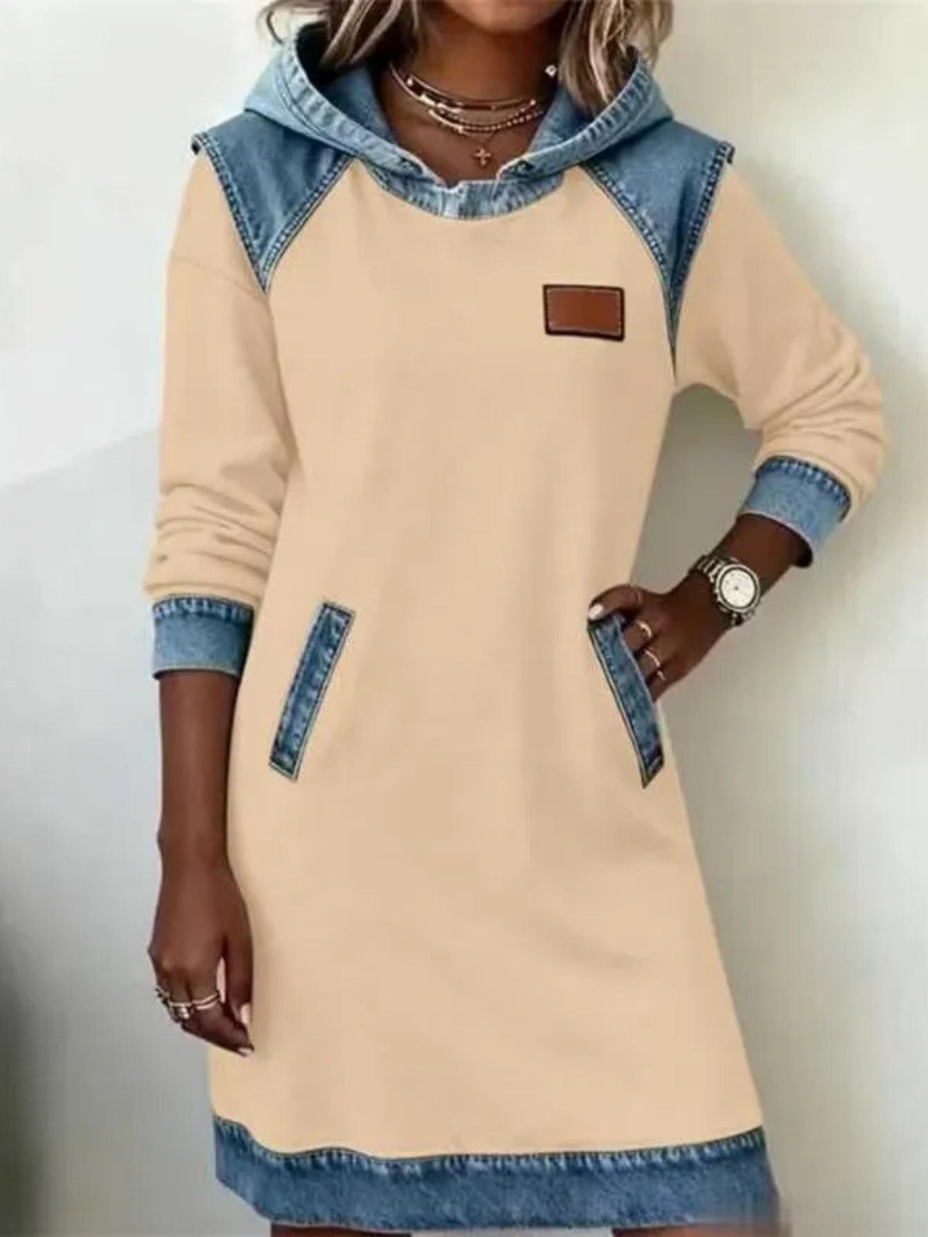Casual Hooded Denim Color-block Loose Women's Long-sleeved Mid-length Sweatshirt Dress