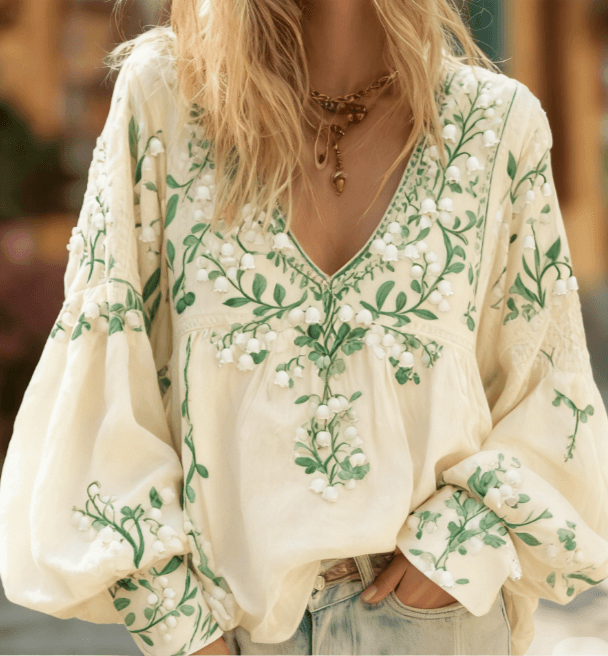 Floral Embroidery Casual V-neck Puff Sleeve Top