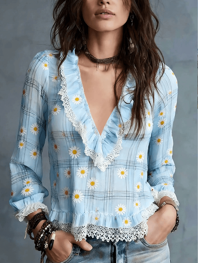 Light Blue Plaid Print V-Neck Lace Ruffle Chiffon Blouse