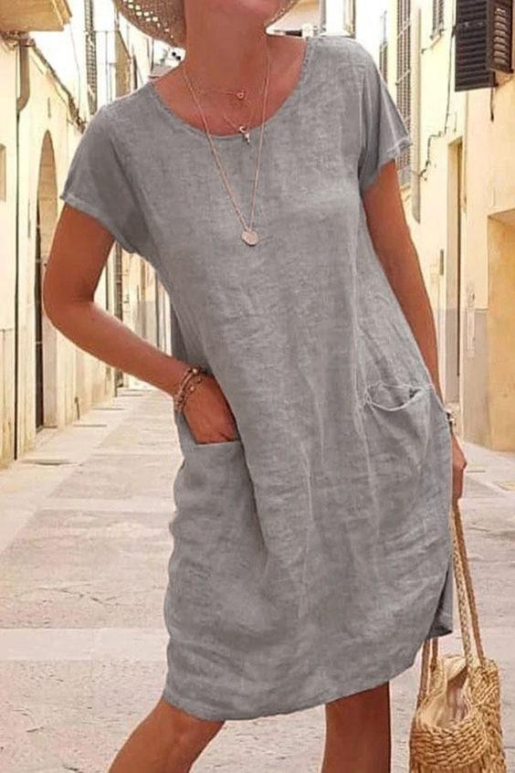 2026 Independent Site Wish New Summer Loose Solid Color Pocket Short-Sleeve Round-Neck  Dress For Women