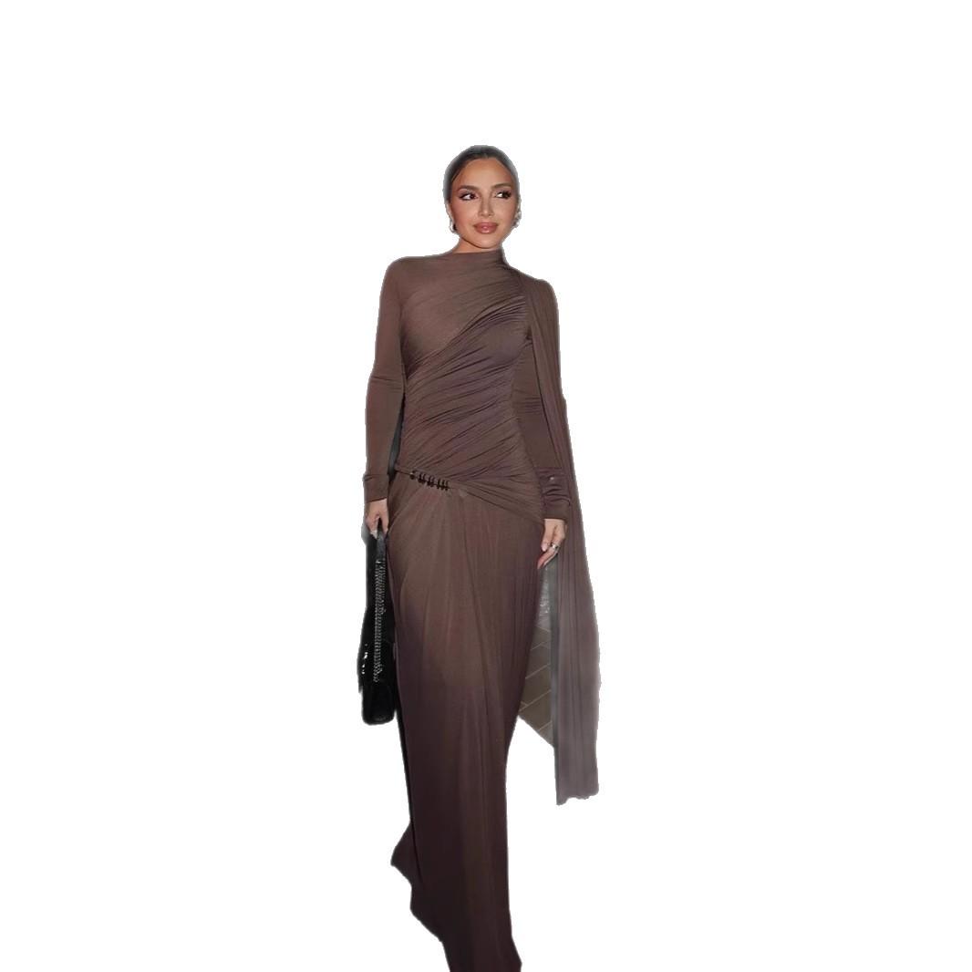 Solid Color Slim Fit Pleated Long Sleeve Dress