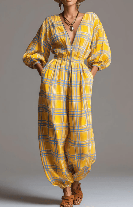 Vintage Yellow And Blue Plaid V-neck Jumpsuit For Women