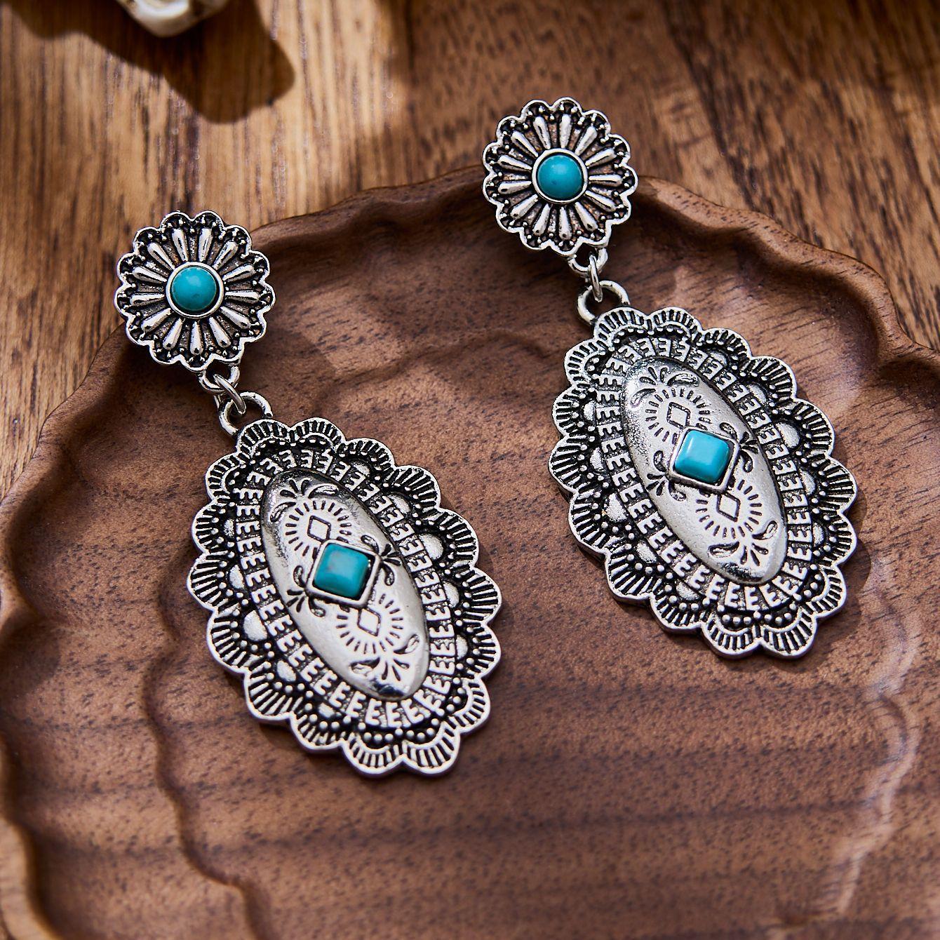 Geometric Carved Exaggerated Drop Earrings Antique Silver Color