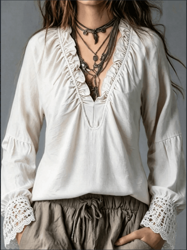 White V-neck Ruffle Trim Hollow Lace Cuff Loose Linen Cotton Long Sleeve Blouse