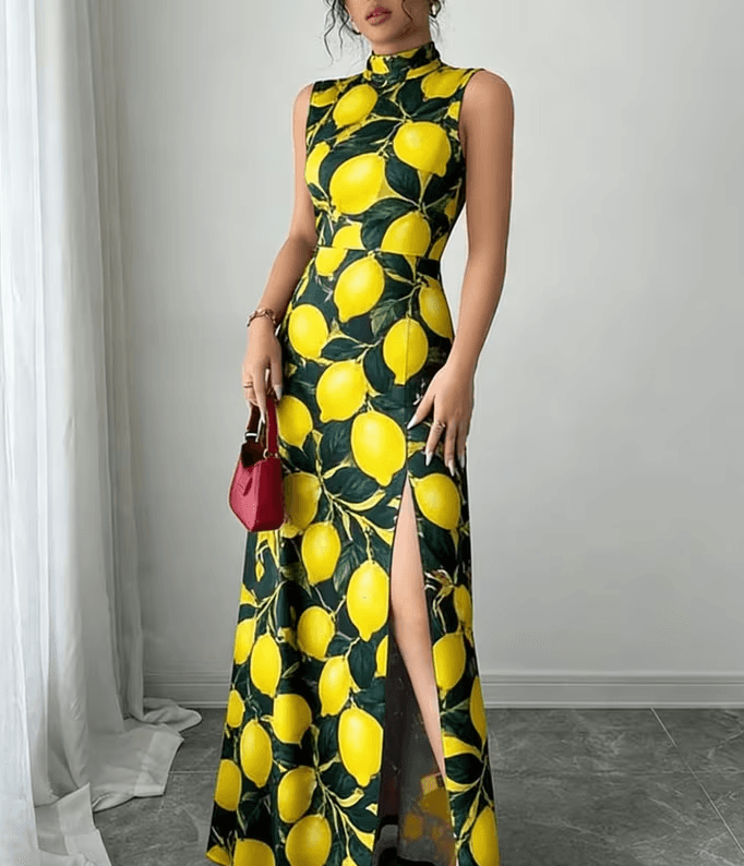 Printed Stand-up Collar Sleeveless Slim-fit Slit Maxi Dress For Women