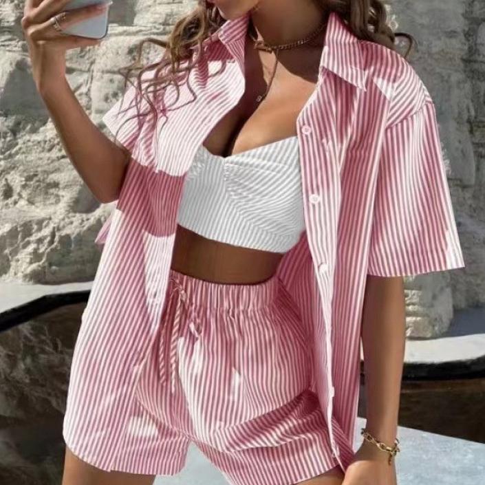 Casual Temperament Women's Striped Two-piece Short Sleeve Shirt Outfit