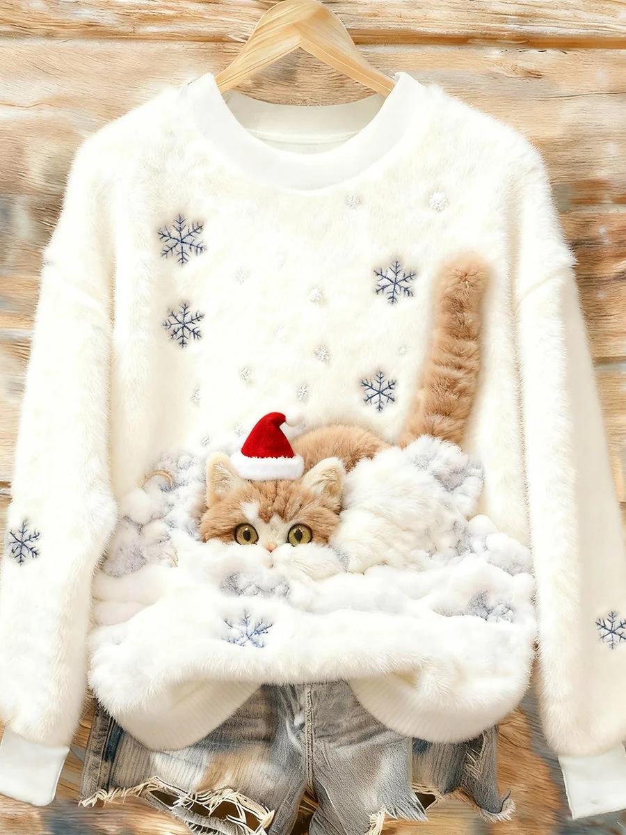 3D Digital Printed Flannel Christmas Women's Crew-Neck Sweater